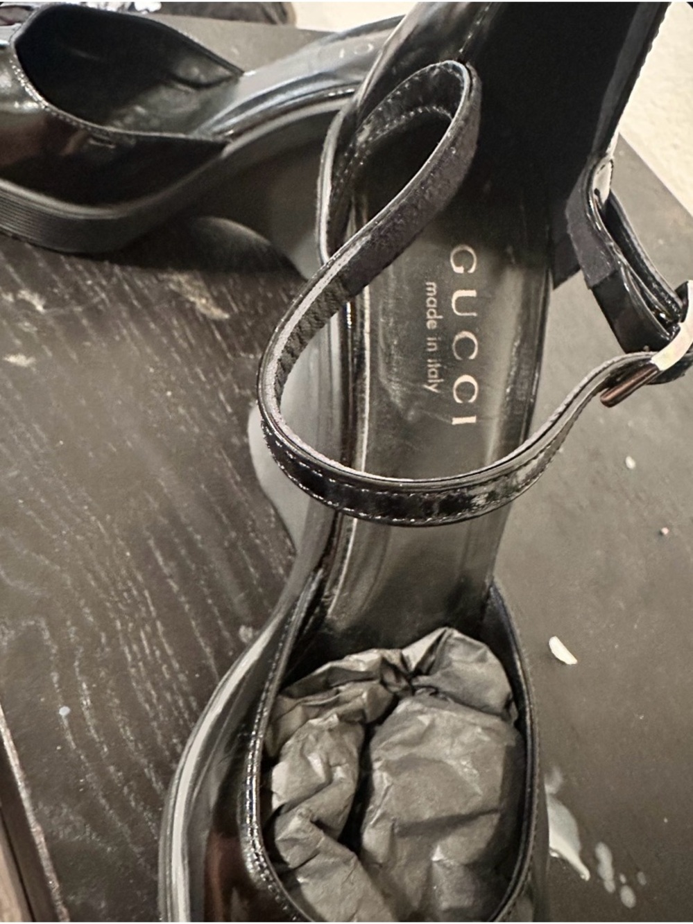 Gucci Black Patent Leather Wedge Mary-Ankle Strap Shoes - Picture 3 of 6